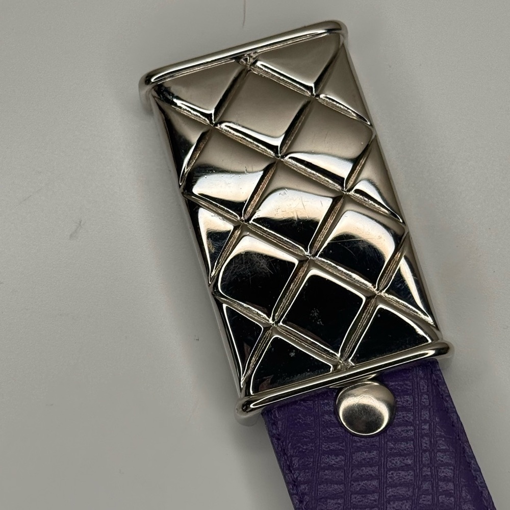 Vintage 80s Purple Leather Waist Belt Quilted Silver Buckle Statement Cinch Belt - Picture 5 of 9
